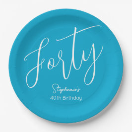Simple Script モダン Aqua Blue 40th Birthdayパーティー ペーパープレート