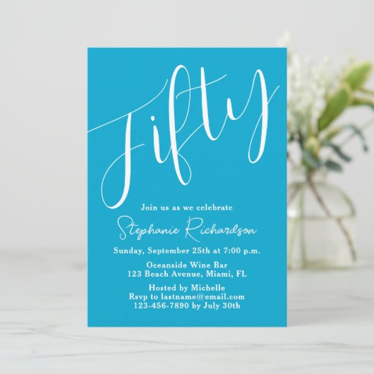 Simple Script モダン Aqua Blue 50誕生日 招待状 (スタンド正面)