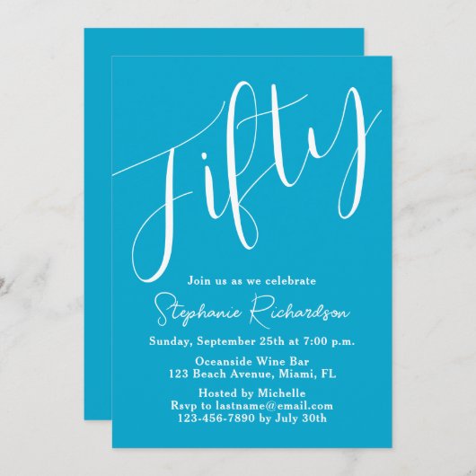 Simple Script モダン Aqua Blue 50誕生日 招待状 (正面/裏面)