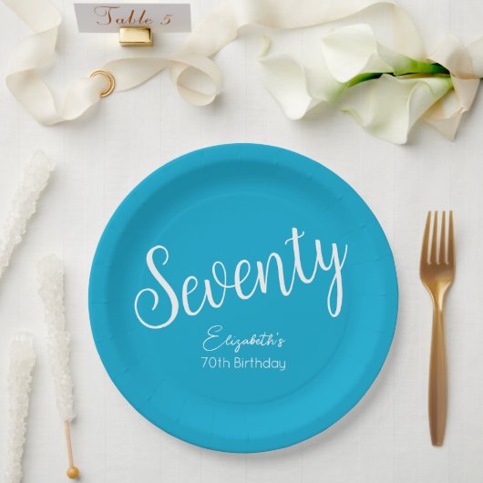 Simple Script モダン Aqua Blue 70誕生日 ペーパープレート (ウェディング)