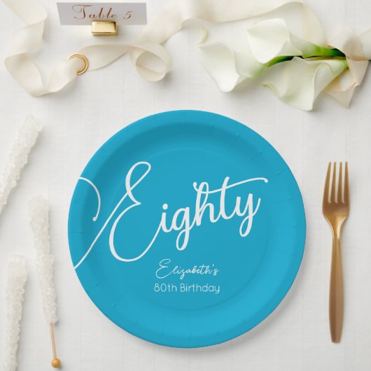 Simple Script モダン Aqua Blue 80th誕生日パーティー ペーパープレート (ウェディング)