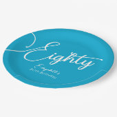 Simple Script モダン Aqua Blue 80th誕生日パーティー ペーパープレート (アングル)