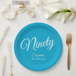 Simple Script モダン Aqua Blue 90th誕生日パーティー ペーパープレート