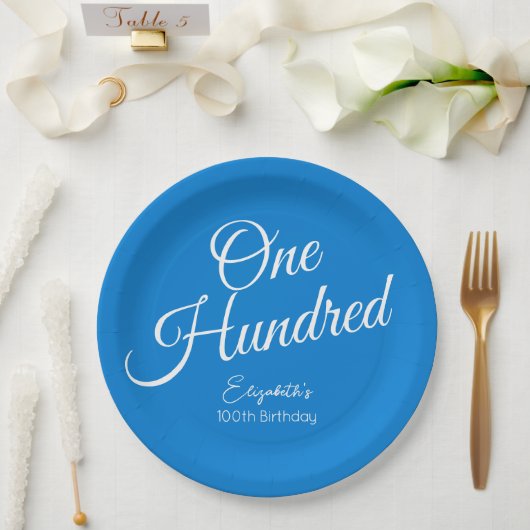 Simple Script モダン Blue 100th誕生日パーティー ペーパープレート (ウェディング)