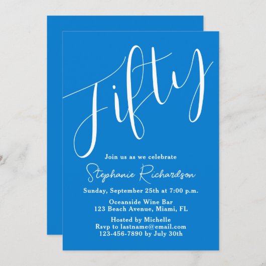 Simple Script モダン Blue 50誕生日 招待状 (正面/裏面)
