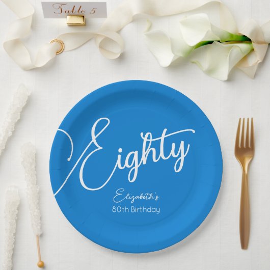 Simple Script モダン Blue 80th誕生日パーティー ペーパープレート (ウェディング)