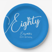 Simple Script モダン Blue 80th誕生日パーティー ペーパープレート (正面)