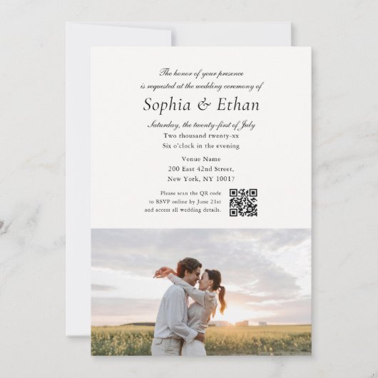Simple Script 2 Photo QR Code Off White Wedding 招待状 (正面)
