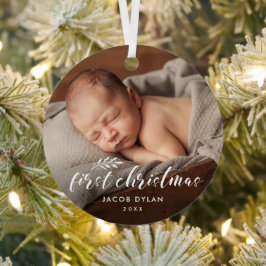 Simple Script Baby's First Christmas Photo Holiday メタルオーナメント