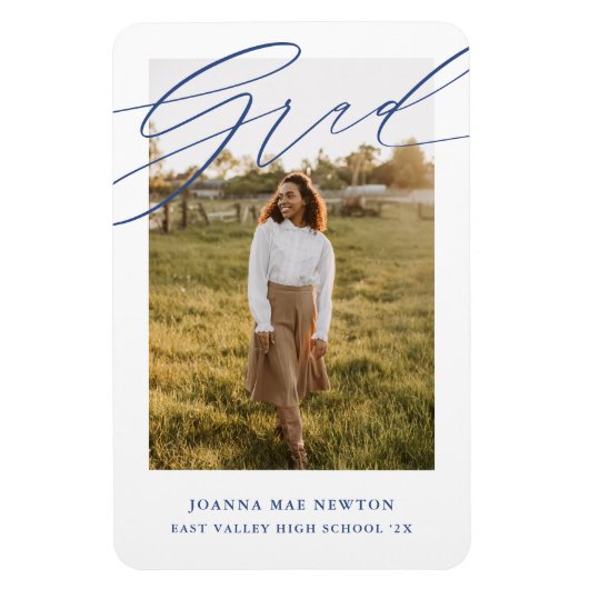 Simple Script Blue Photo Graduation Announcement マグネット (縦)