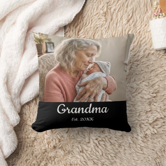 Simple Script Grandma Est.Photo Year Black クッション (ブランケット)
