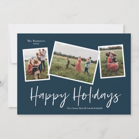 Simple Script Happy Holidays 3 Photo Collage シーズンカード (正面)