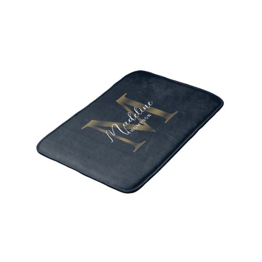 Simple Script Metallic Navy Blue Gold Monogram バスマット (アングル)