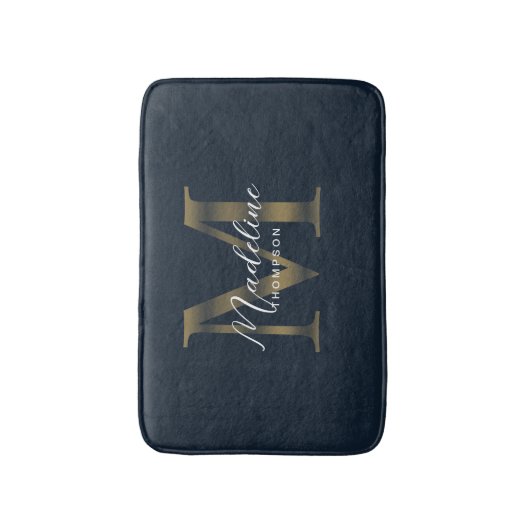 Simple Script Metallic Navy Blue Gold Monogram バスマット (正面縦)