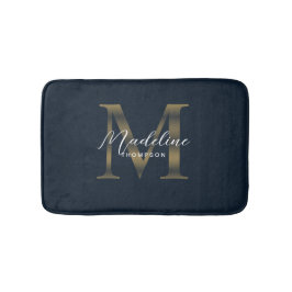Simple Script Metallic Navy Blue Gold Monogram バスマット