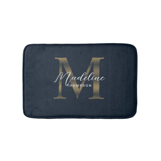 Simple Script Metallic Navy Blue Gold Monogram バスマット (正面)