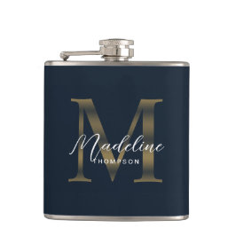 Simple Script Metallic Navy Blue Gold Monogram フラスク