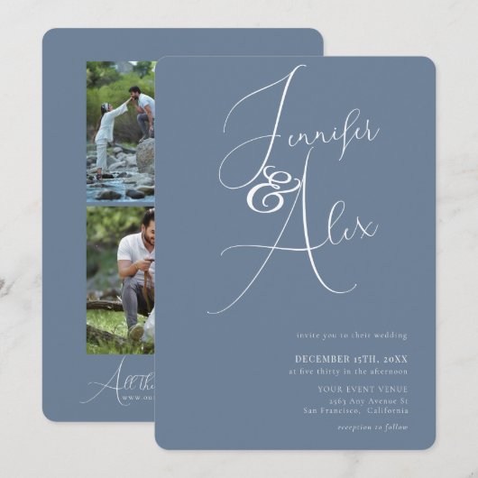 Simple Script Minimalist Photo Collage Wedding  招待状 (正面/裏面)