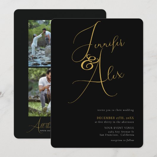 Simple Script Minimalist Photo Collage Wedding 招待状 (正面/裏面)