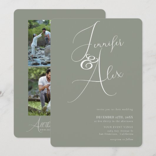 Simple Script Minimalist Photo Collage Wedding  招待状 (正面/裏面)