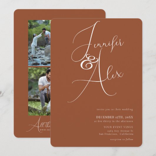Simple Script Minimalist Photo Collage Wedding  招待状 (正面/裏面)