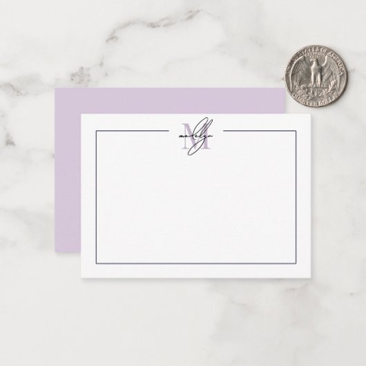 Simple Script Minimalist Purple Name Monogram ノートカード (正面/裏面インサイチュ)