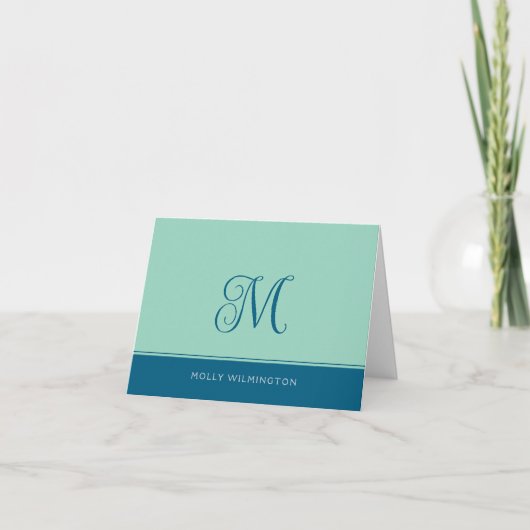 Simple Script Monogram Teal Navy Blue Note Cards サンキューカード (正面)