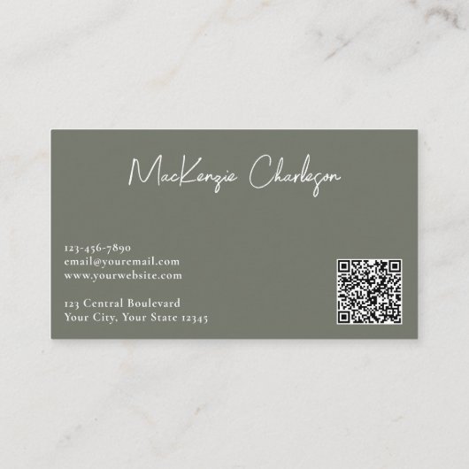 Simple Script Name and Text QR Code Sage Green 名刺 (裏面)