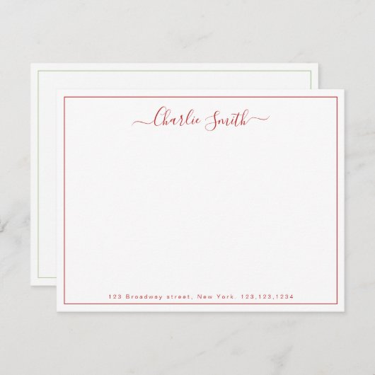 Simple script red border personalized stationery ノートカード (正面/裏面)