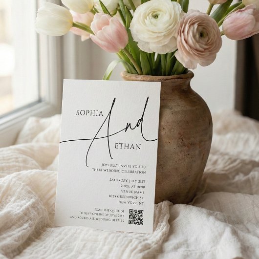 Simple Script Typography QR Code White Wedding 招待状