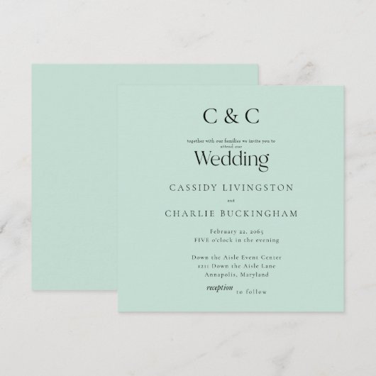 Simple Seafoam Monogram Square Wedding 招待状 (正面/裏面)