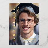 Simple Spanish Grey Photo Graduation Thanks 箔招待状 (正面)