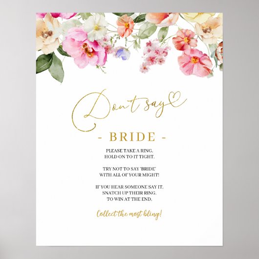Simple Spring Floral Don’t Say Bride Game Sign ポスター (正面)