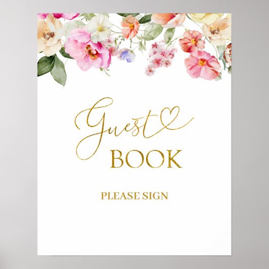 Simple Spring Floral Guest Book Party Sign ポスター (正面)