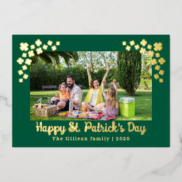 Simple St patricks day Shamrocks family photo 箔シーズンカード