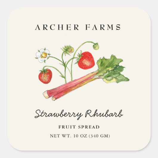 Simple Strawberry Rhubarb square Jam Jar Label スクエアシール (正面)