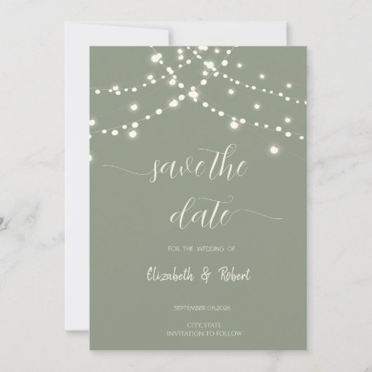 Simple String Lights Sage Green Save The Date セーブザデート (正面)