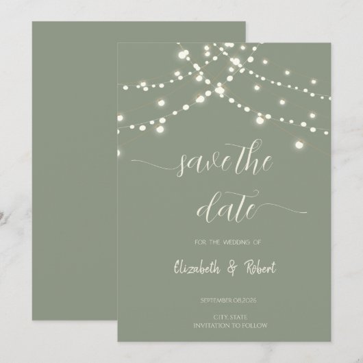 Simple String Lights Sage Green Save The Date セーブザデート (正面/裏面)