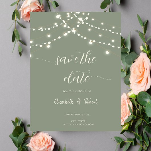 Simple String Lights Sage Green Save The Date セーブザデート