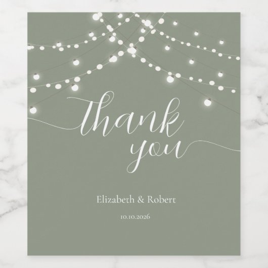 Simple String Lights Sage Green  Wedding ワインラベル (シングルラベル)