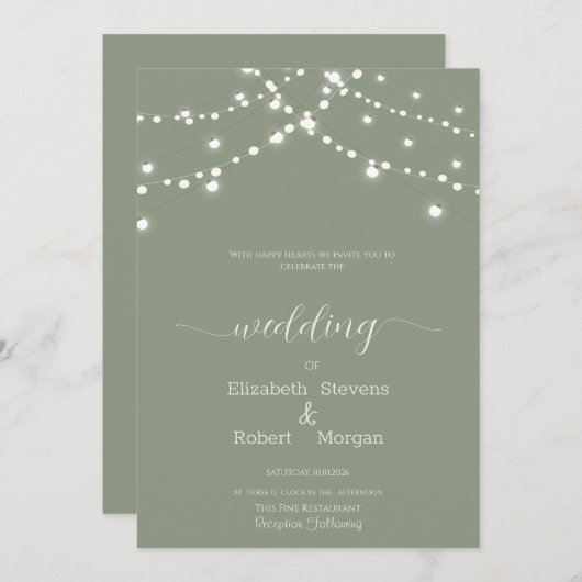 Simple String Lights Sage Green Wedding 招待状 (正面/裏面)