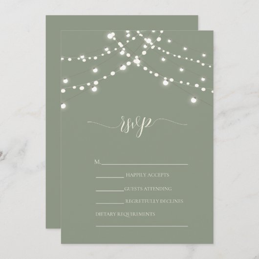 Simple String Lights Sage Green Wedding RSVP   招待状 (正面/裏面)
