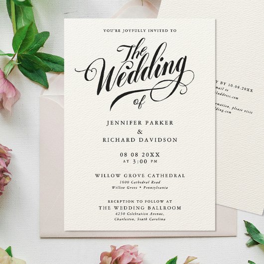 Simple Stylish Black And White Calligraphy Wedding 招待状