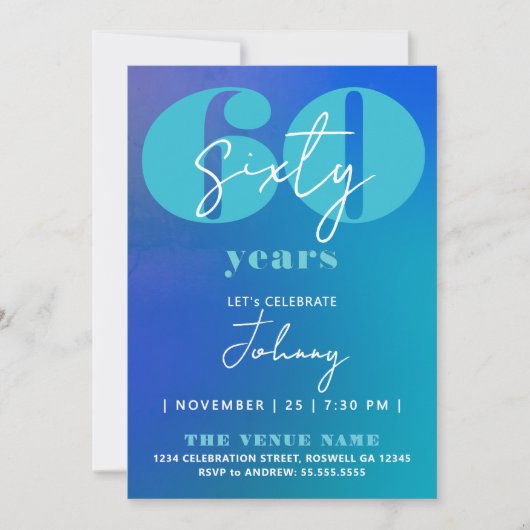 Simple Stylish Fun Blue White 60th Bold Typography 招待状 (正面)