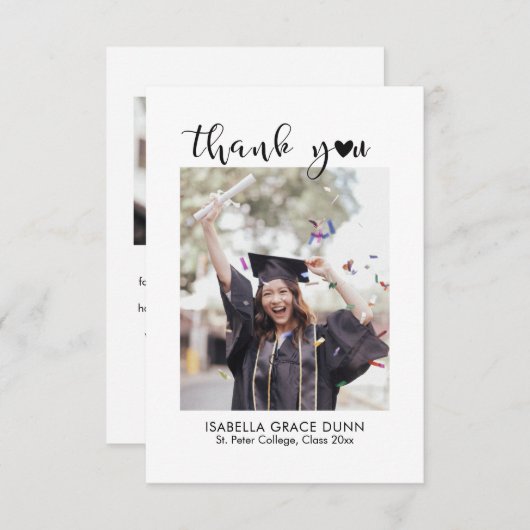 Simple Stylish Heart Calligraphy Script Graduation サンキューカード (正面/裏面)