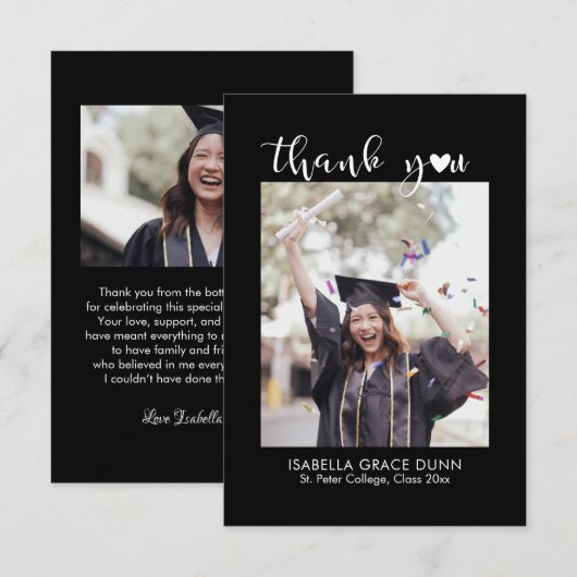 Simple Stylish Heart Calligraphy Script Graduation サンキューカード (正面/裏面)