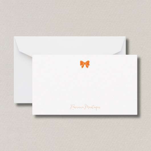 Simple Sunset Orange Chic Bow Handwritten Name ノートカード