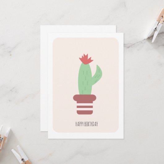 Simple Tall Green Desert Cactus Birthday Card カード (正面/裏面インサイチュ)