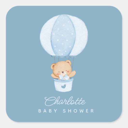 Simple Teddy Bear Blue Balloon スクエアシール (正面)