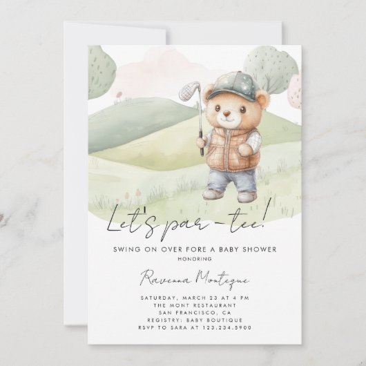 Simple Teddy Golf Lets Par-Tee Baby Shower 招待状 (正面)